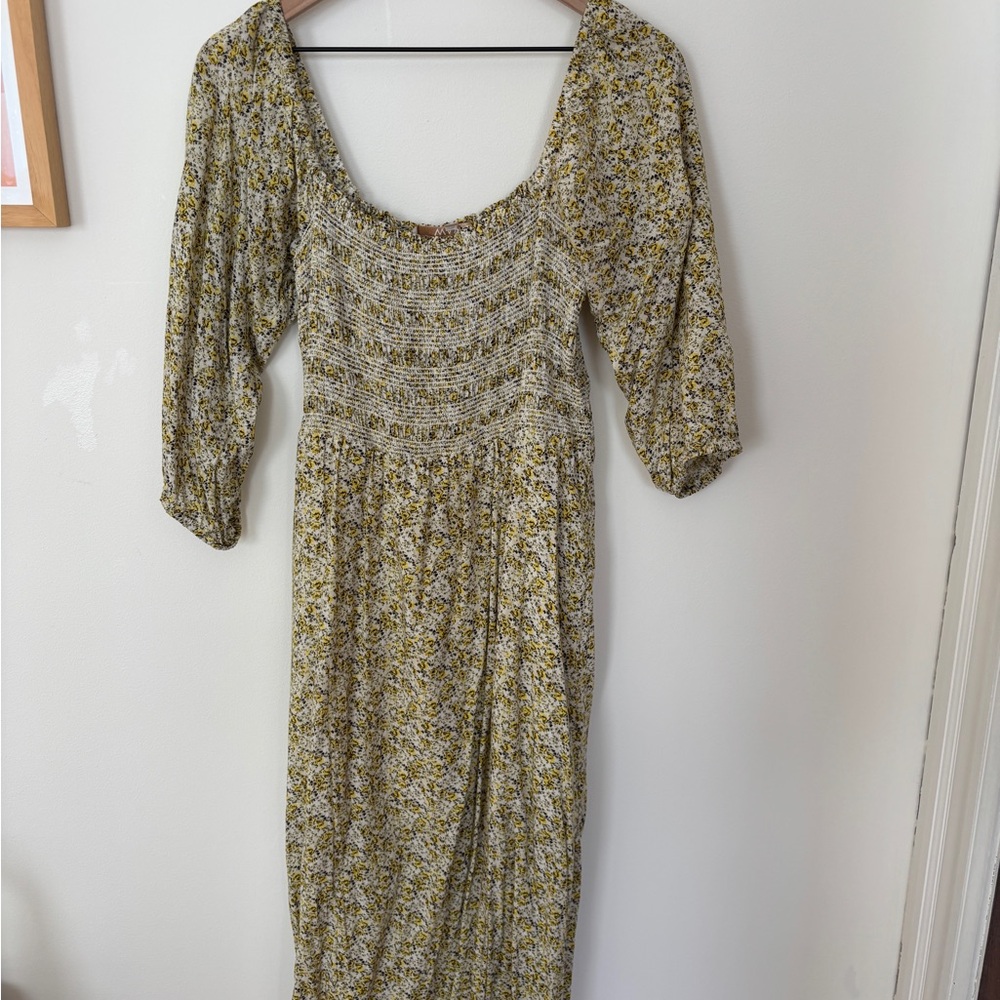 WAYF Smocked Midi Dress in Yellow abstract floral print